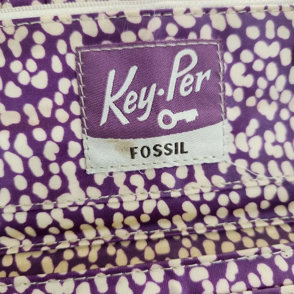 Fossil Key-Per Wallet Coated Canvas Leather Trim Bird Print Zip Around Clutch